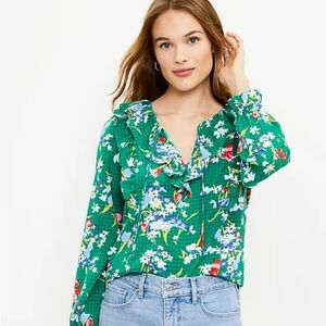 Loft Green Floral Bouquet ruffle blouse